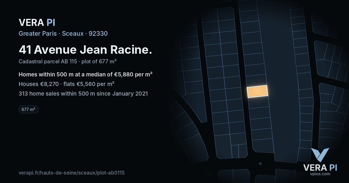 41 Avenue Jean Racine, Sceaux at night – the plot lit, the parcels around coloured by the prices near them