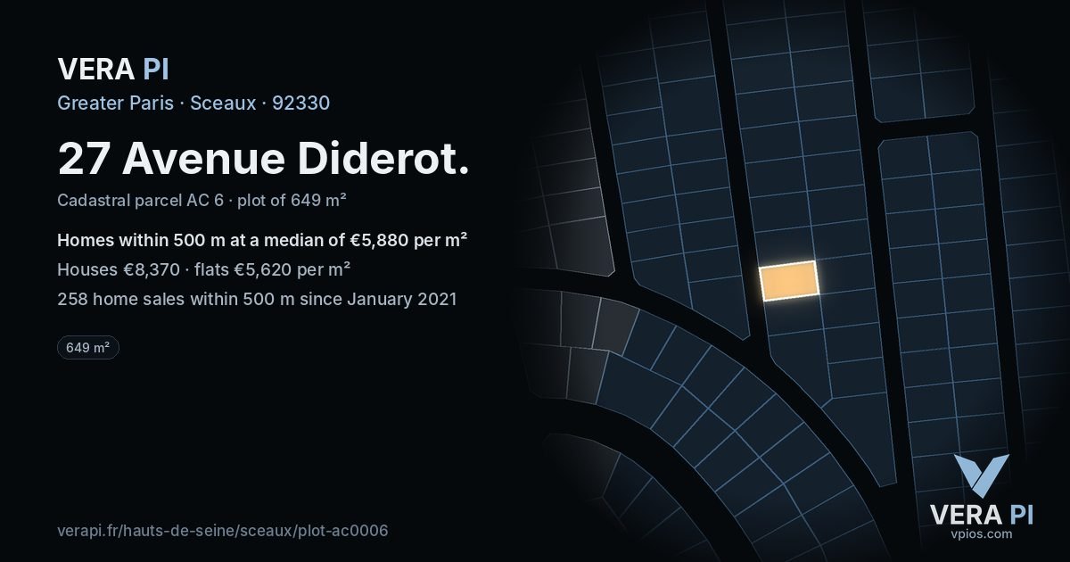 27 Avenue Diderot, Sceaux at night – the plot lit, the parcels around coloured by the prices near them