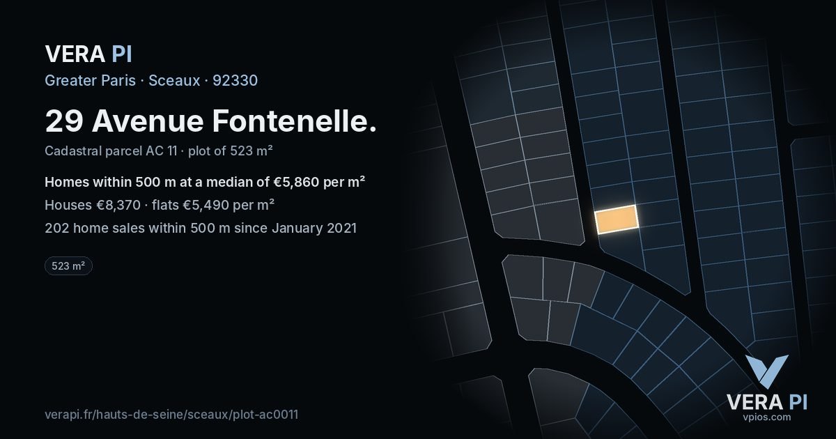 29 Avenue Fontenelle, Sceaux at night – the plot lit, the parcels around coloured by the prices near them