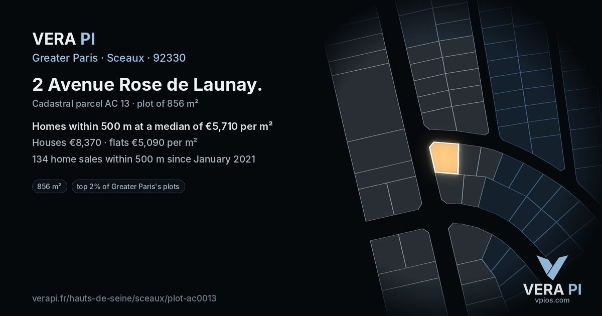 2 Avenue Rose de Launay, Sceaux at night – the plot lit, the parcels around coloured by the prices near them