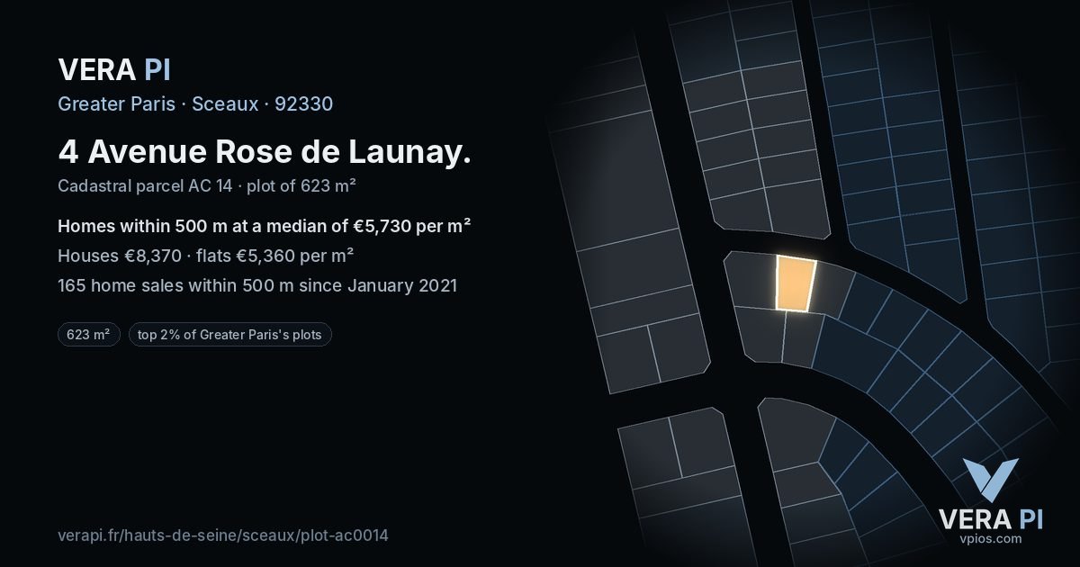 4 Avenue Rose de Launay, Sceaux at night – the plot lit, the parcels around coloured by the prices near them