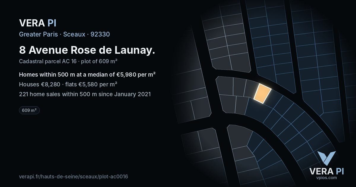 8 Avenue Rose de Launay, Sceaux at night – the plot lit, the parcels around coloured by the prices near them
