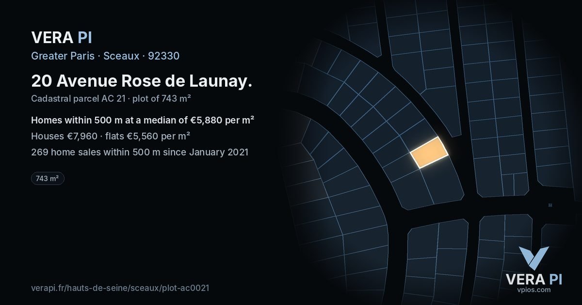 20 Avenue Rose de Launay, Sceaux at night – the plot lit, the parcels around coloured by the prices near them