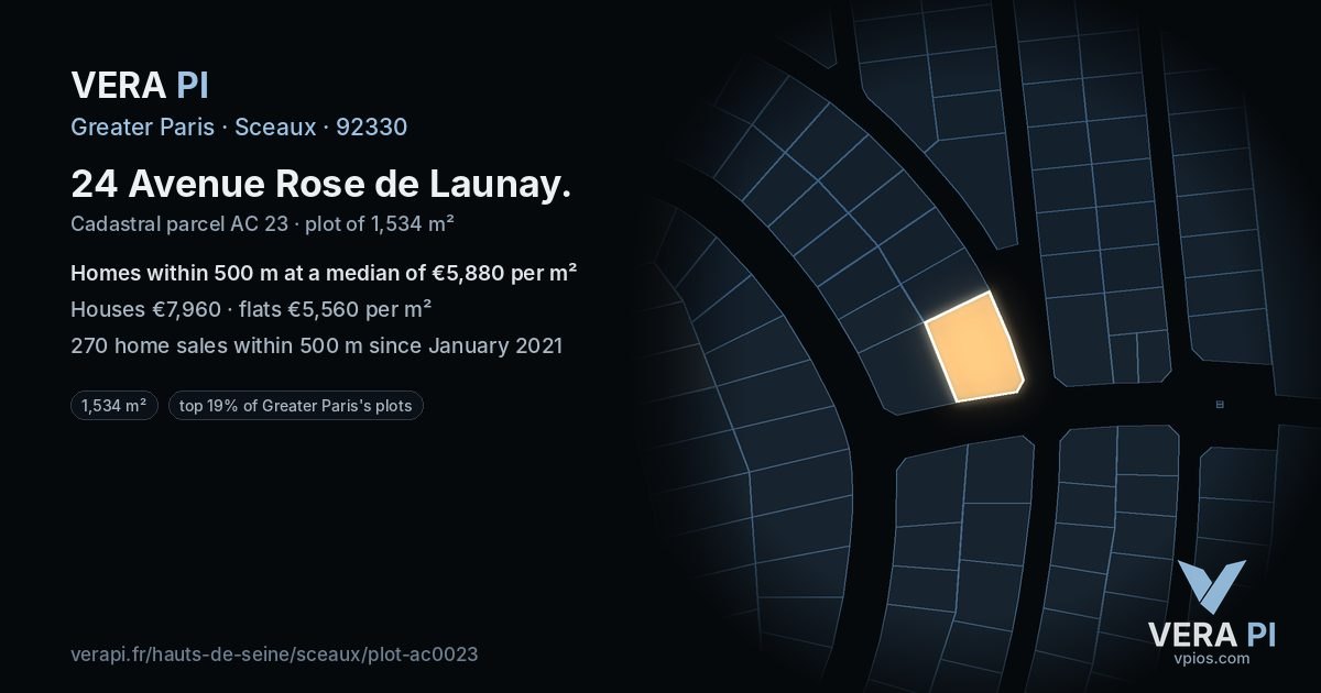 24 Avenue Rose de Launay, Sceaux at night – the plot lit, the parcels around coloured by the prices near them