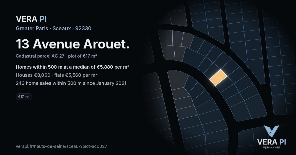 13 Avenue Arouet, Sceaux at night – the plot lit, the parcels around coloured by the prices near them