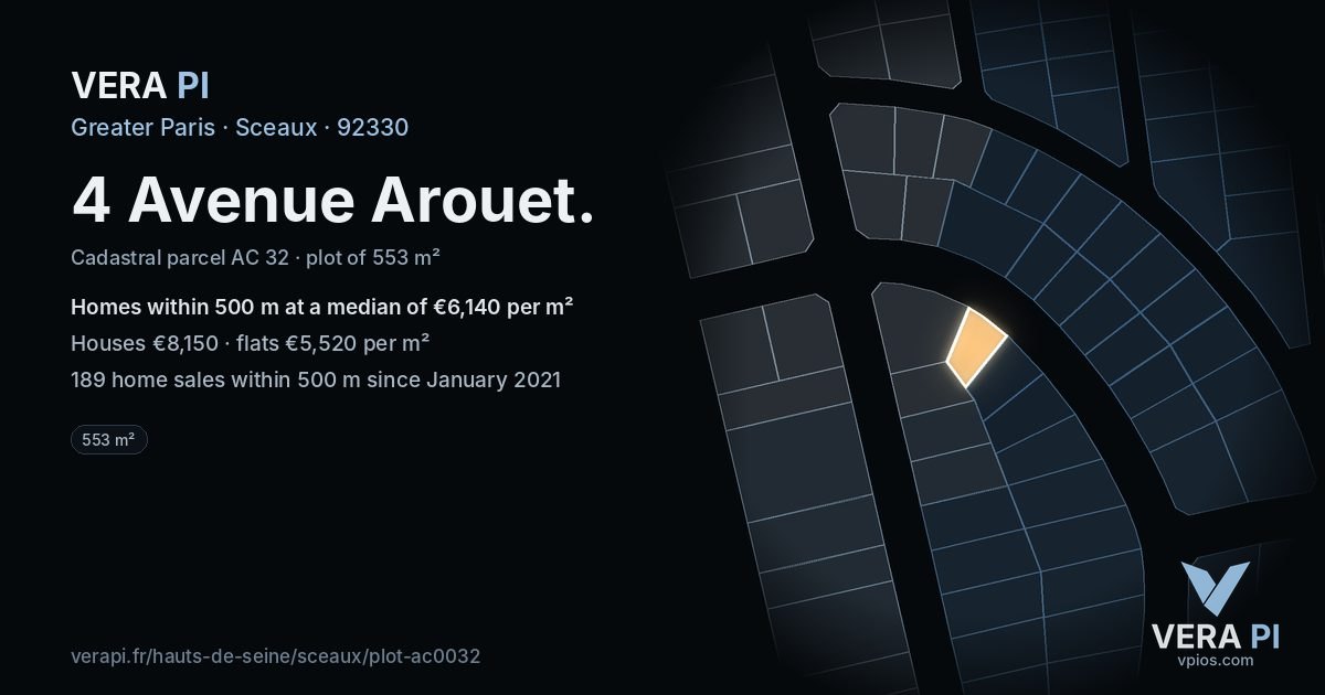 4 Avenue Arouet, Sceaux at night – the plot lit, the parcels around coloured by the prices near them