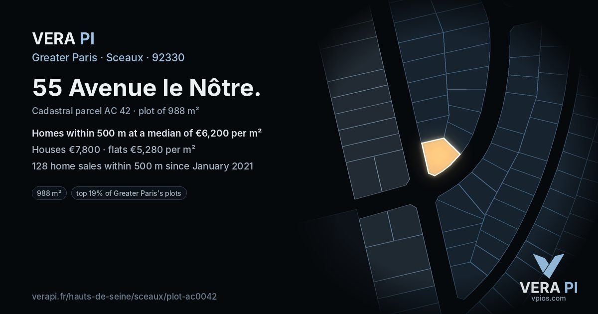 55 Avenue le Nôtre, Sceaux at night – the plot lit, the parcels around coloured by the prices near them