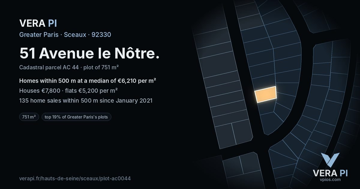 51 Avenue le Nôtre, Sceaux at night – the plot lit, the parcels around coloured by the prices near them