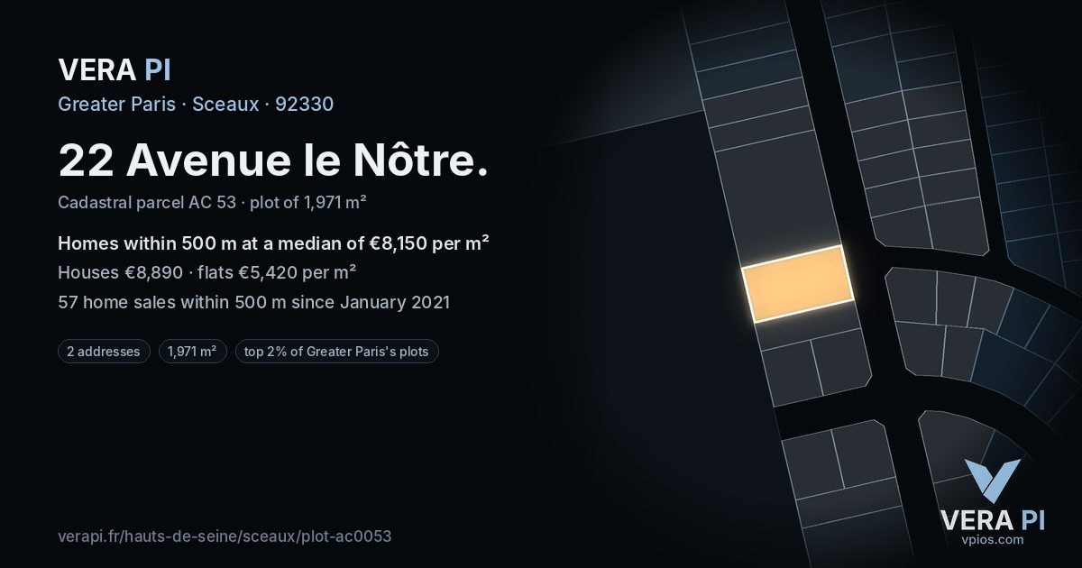 22 Avenue le Nôtre, Sceaux at night – the plot lit, the parcels around coloured by the prices near them
