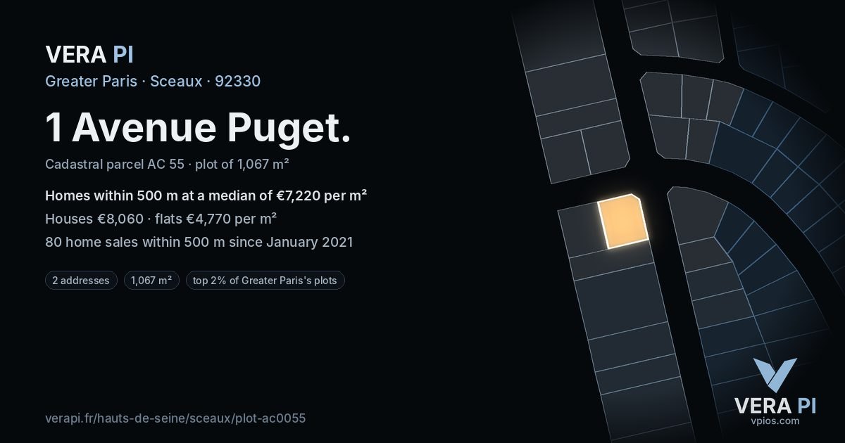 1 Avenue Puget, Sceaux at night – the plot lit, the parcels around coloured by the prices near them