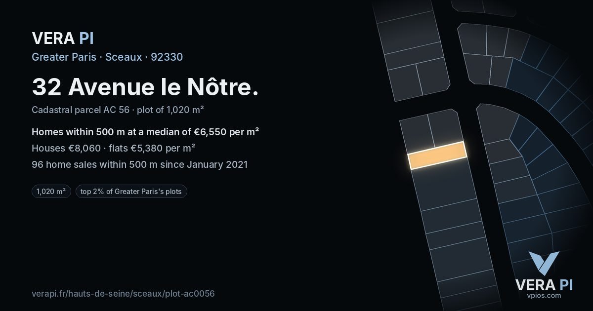 32 Avenue le Nôtre, Sceaux at night – the plot lit, the parcels around coloured by the prices near them