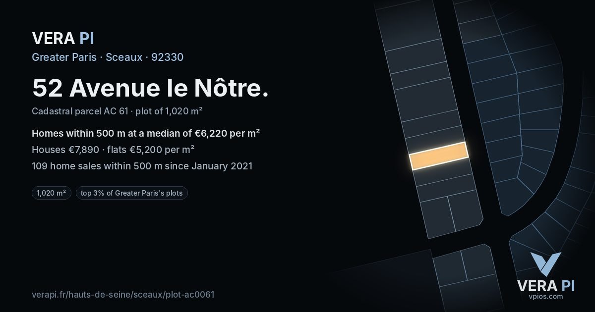 52 Avenue le Nôtre, Sceaux at night – the plot lit, the parcels around coloured by the prices near them