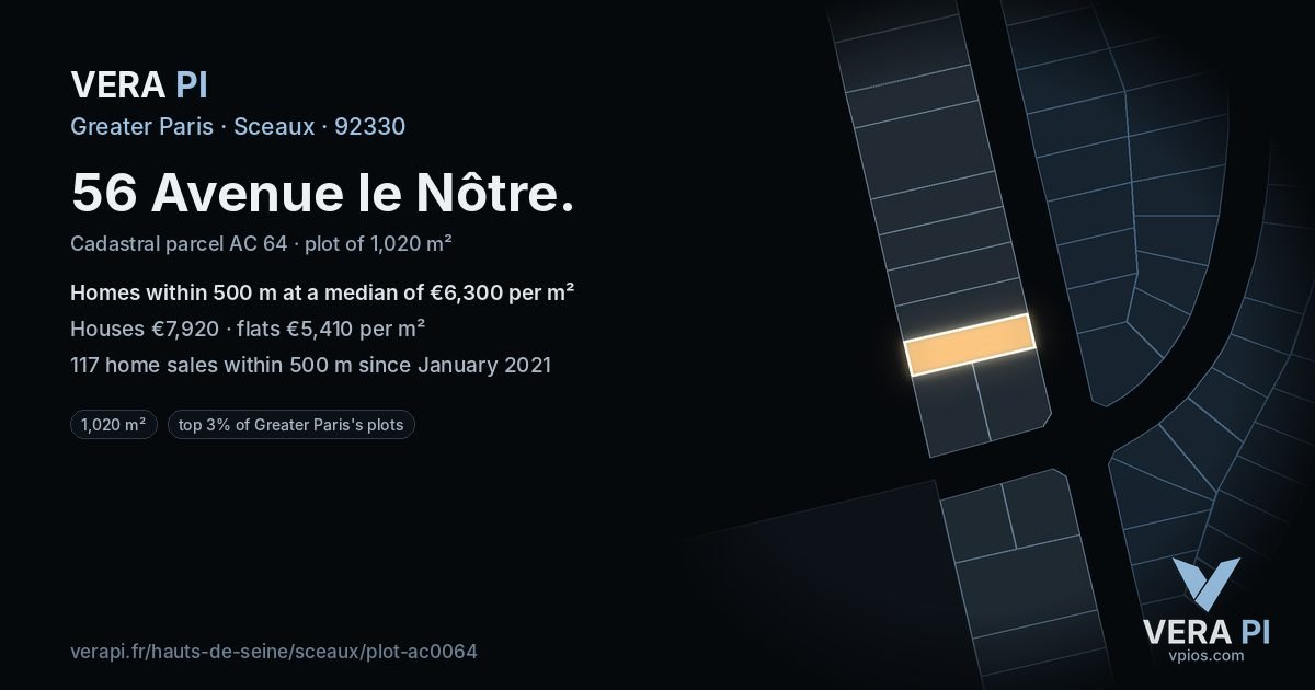56 Avenue le Nôtre, Sceaux at night – the plot lit, the parcels around coloured by the prices near them