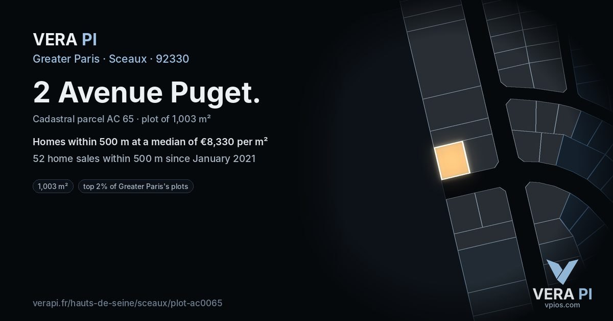 2 Avenue Puget, Sceaux at night – the plot lit, the parcels around coloured by the prices near them