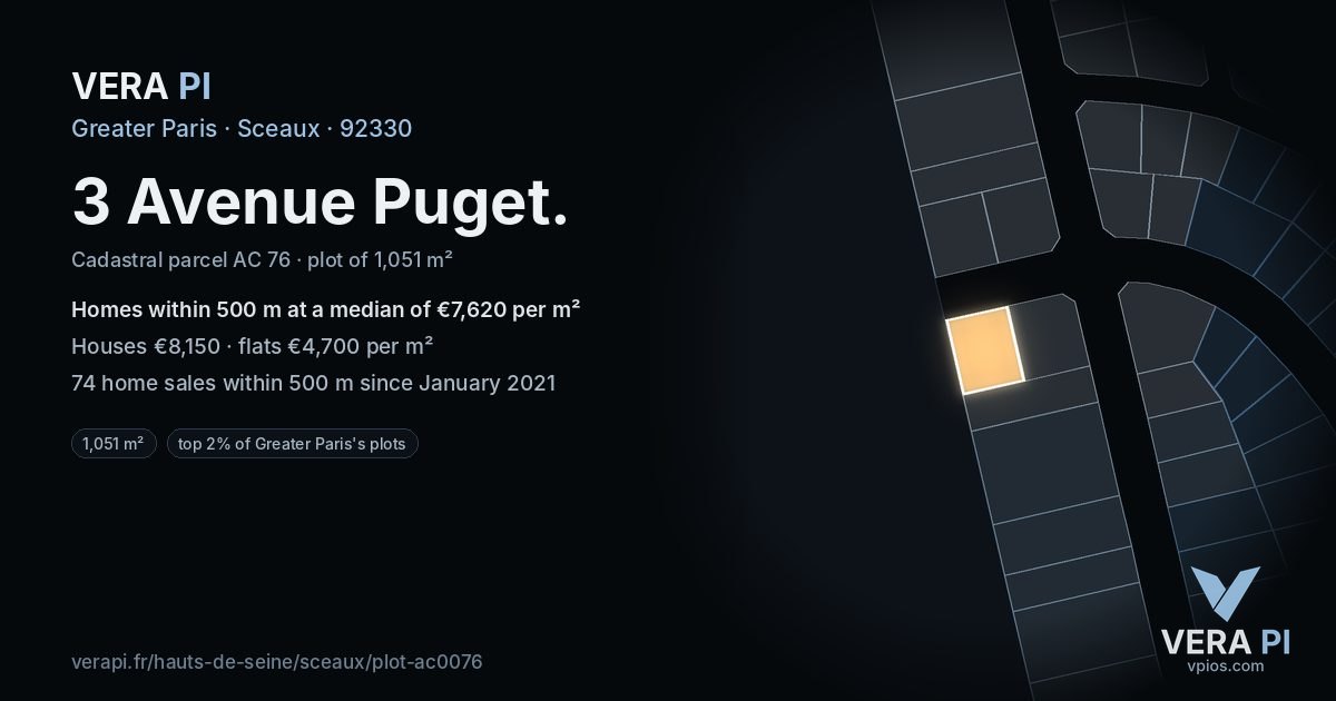 3 Avenue Puget, Sceaux at night – the plot lit, the parcels around coloured by the prices near them