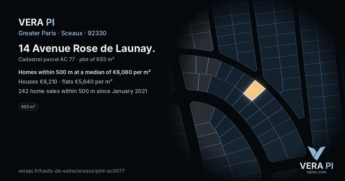 14 Avenue Rose de Launay, Sceaux at night – the plot lit, the parcels around coloured by the prices near them