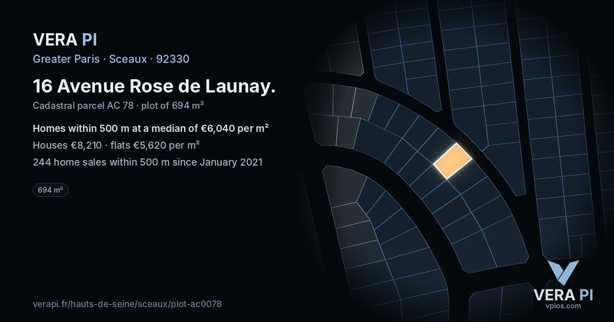16 Avenue Rose de Launay, Sceaux at night – the plot lit, the parcels around coloured by the prices near them