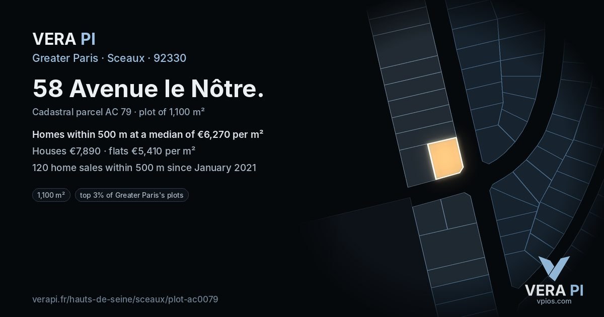 58 Avenue le Nôtre, Sceaux at night – the plot lit, the parcels around coloured by the prices near them