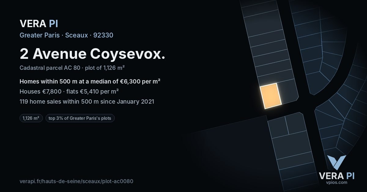 2 Avenue Coysevox, Sceaux at night – the plot lit, the parcels around coloured by the prices near them