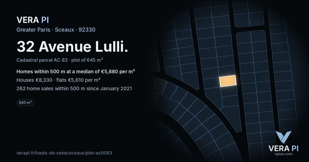 32 Avenue Lulli, Sceaux at night – the plot lit, the parcels around coloured by the prices near them