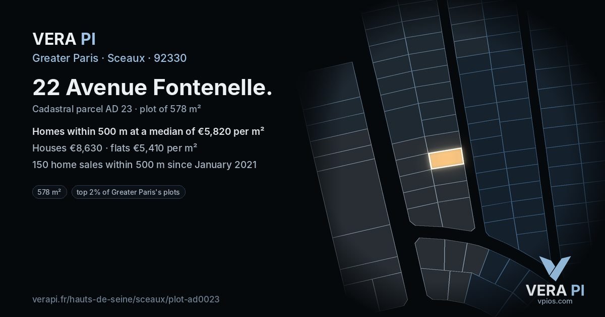 22 Avenue Fontenelle, Sceaux at night – the plot lit, the parcels around coloured by the prices near them