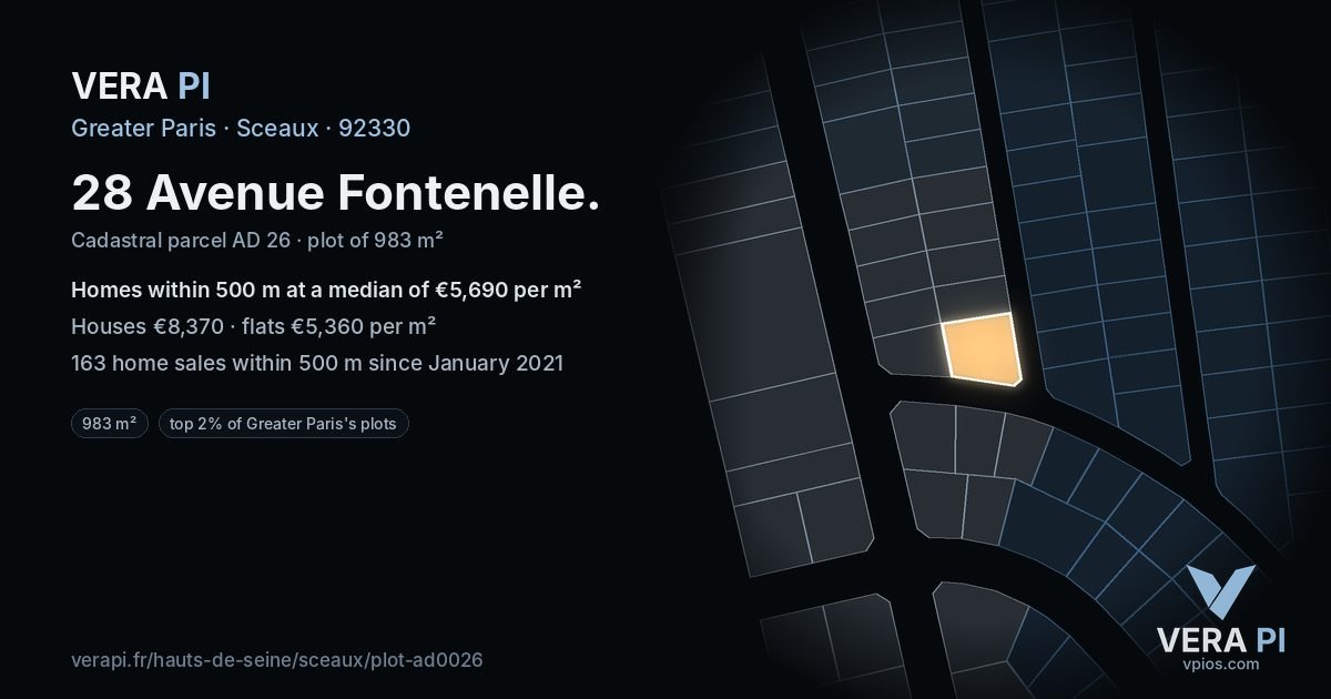 28 Avenue Fontenelle, Sceaux at night – the plot lit, the parcels around coloured by the prices near them