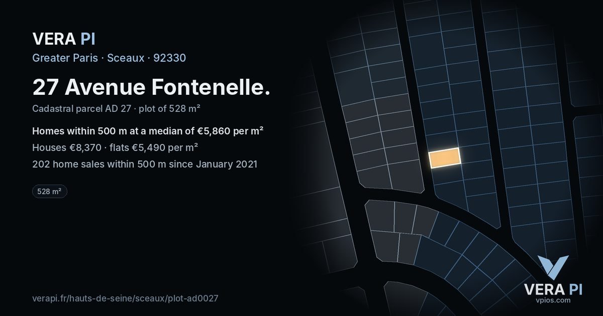 27 Avenue Fontenelle, Sceaux at night – the plot lit, the parcels around coloured by the prices near them