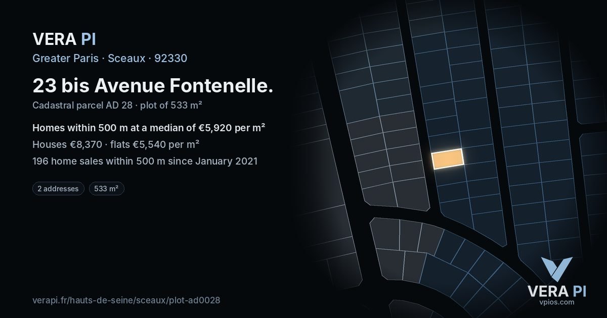 23 bis Avenue Fontenelle, Sceaux at night – the plot lit, the parcels around coloured by the prices near them