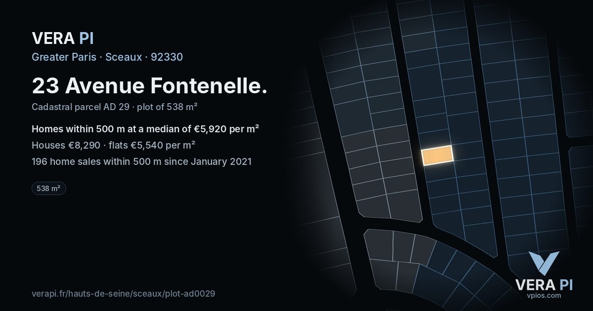 23 Avenue Fontenelle, Sceaux at night – the plot lit, the parcels around coloured by the prices near them
