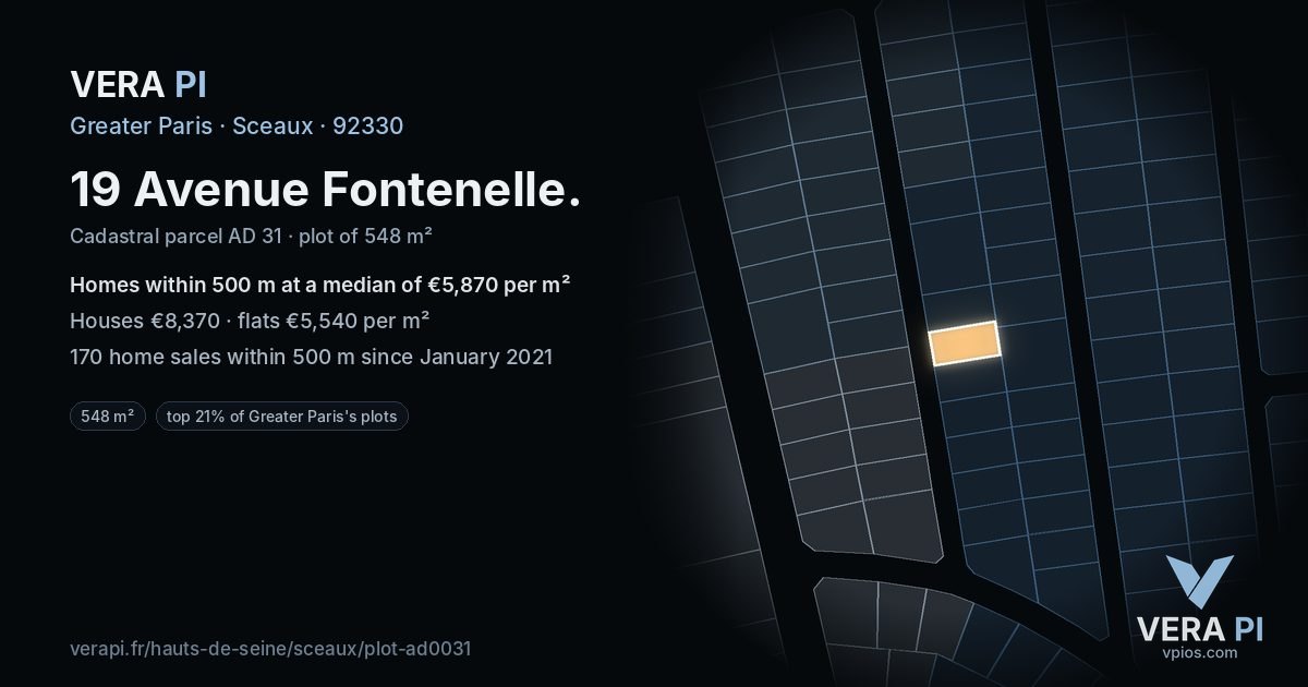 19 Avenue Fontenelle, Sceaux at night – the plot lit, the parcels around coloured by the prices near them