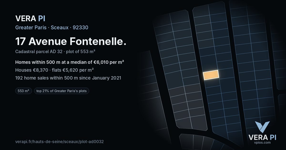 17 Avenue Fontenelle, Sceaux at night – the plot lit, the parcels around coloured by the prices near them