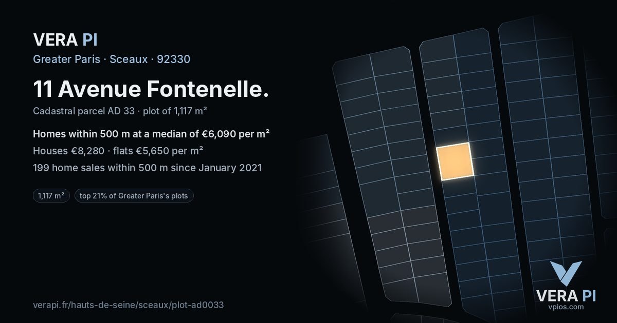 11 Avenue Fontenelle, Sceaux at night – the plot lit, the parcels around coloured by the prices near them