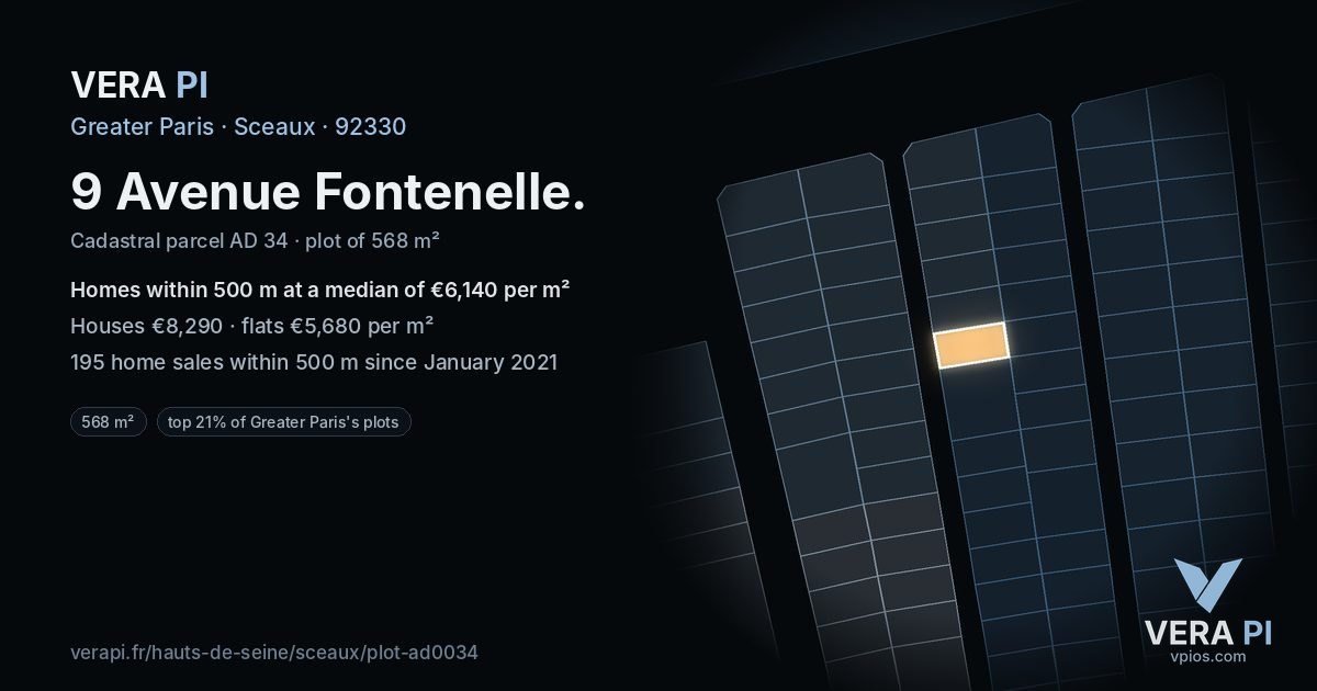 9 Avenue Fontenelle, Sceaux at night – the plot lit, the parcels around coloured by the prices near them