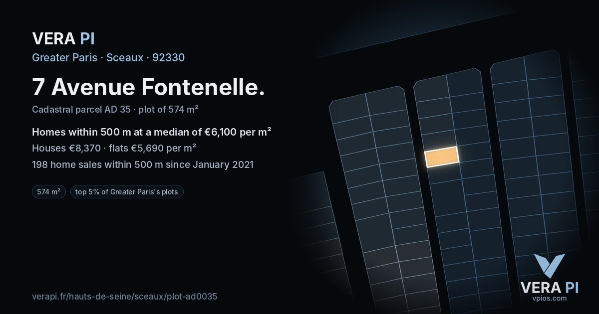 7 Avenue Fontenelle, Sceaux at night – the plot lit, the parcels around coloured by the prices near them