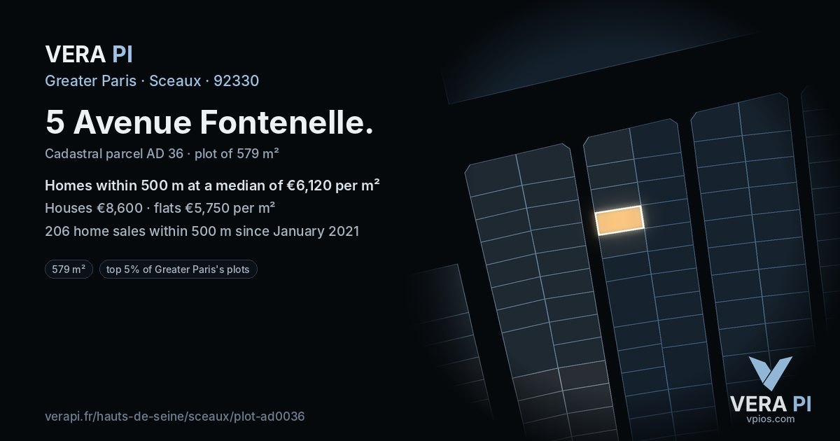 5 Avenue Fontenelle, Sceaux at night – the plot lit, the parcels around coloured by the prices near them