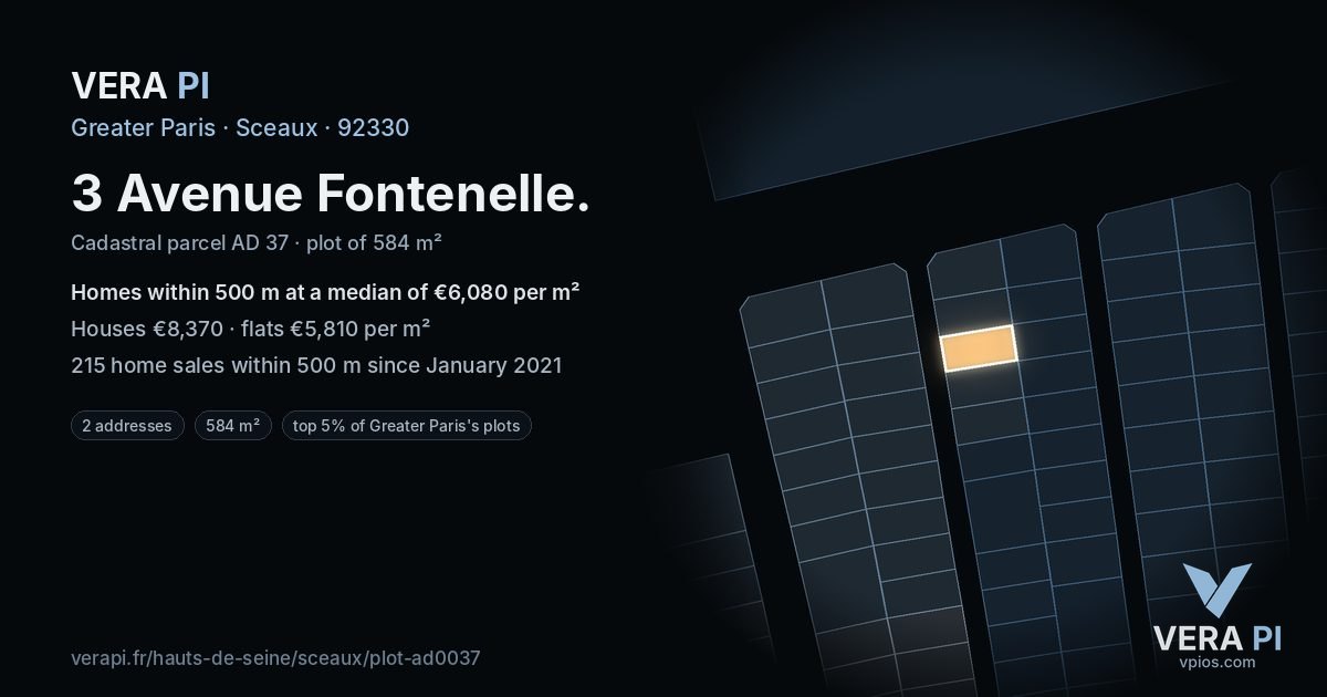 3 Avenue Fontenelle, Sceaux at night – the plot lit, the parcels around coloured by the prices near them