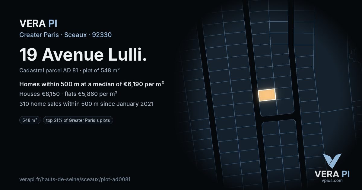 19 Avenue Lulli, Sceaux at night – the plot lit, the parcels around coloured by the prices near them