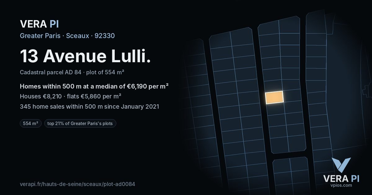 13 Avenue Lulli, Sceaux at night – the plot lit, the parcels around coloured by the prices near them