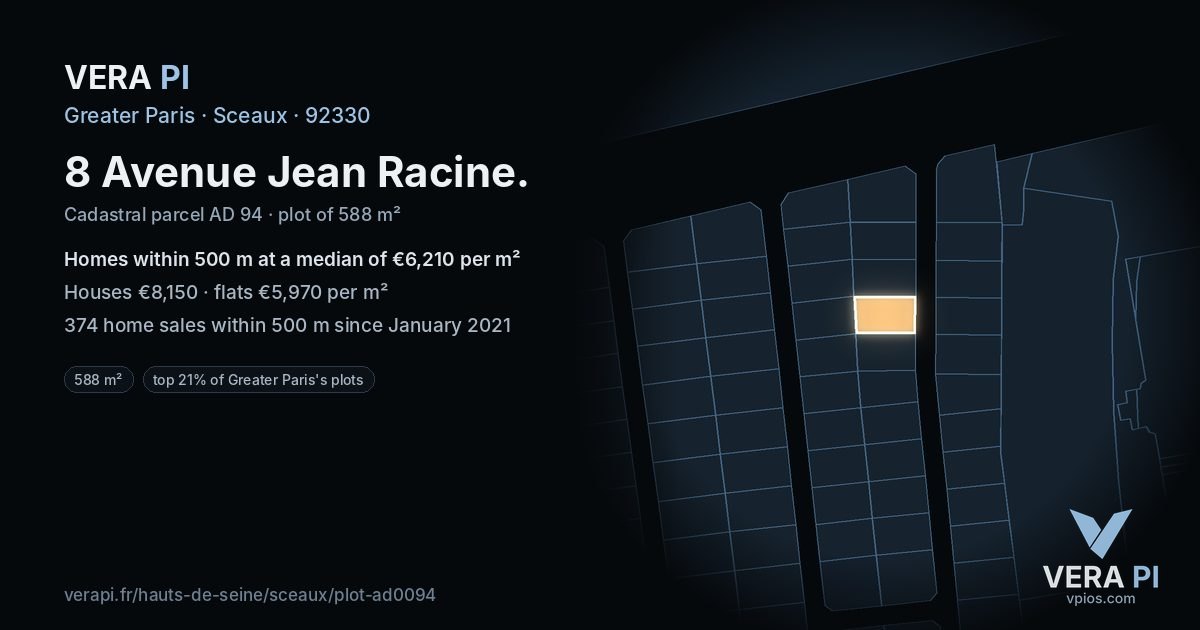 8 Avenue Jean Racine, Sceaux at night – the plot lit, the parcels around coloured by the prices near them