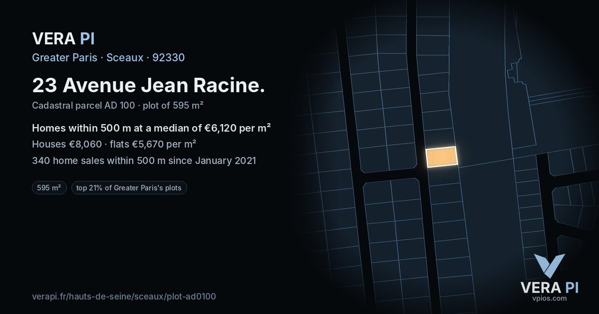 23 Avenue Jean Racine, Sceaux at night – the plot lit, the parcels around coloured by the prices near them