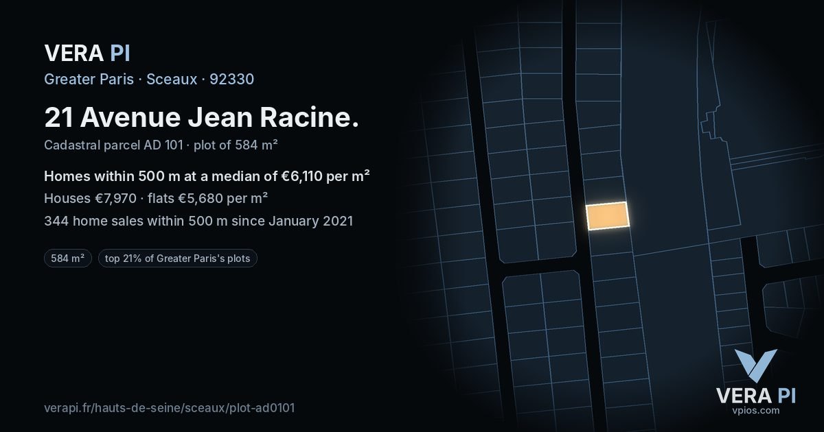 21 Avenue Jean Racine, Sceaux at night – the plot lit, the parcels around coloured by the prices near them