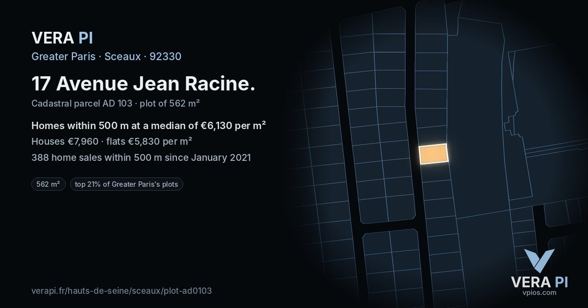 17 Avenue Jean Racine, Sceaux at night – the plot lit, the parcels around coloured by the prices near them