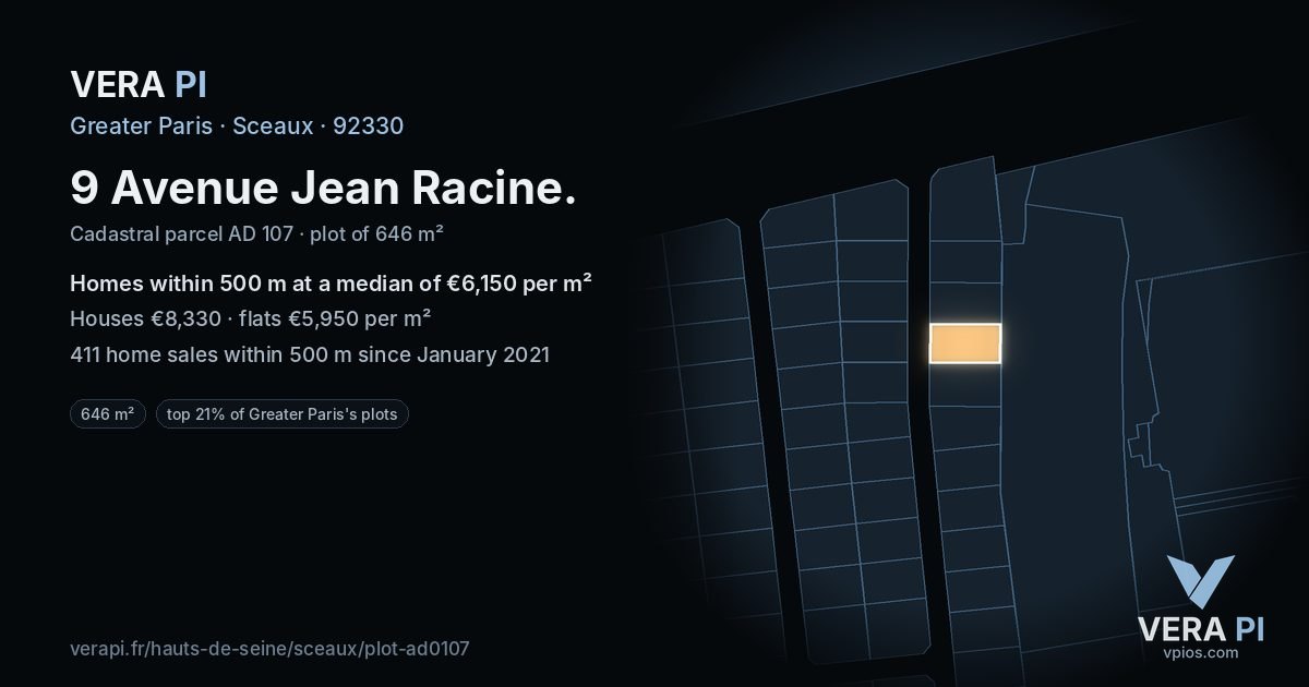 9 Avenue Jean Racine, Sceaux at night – the plot lit, the parcels around coloured by the prices near them