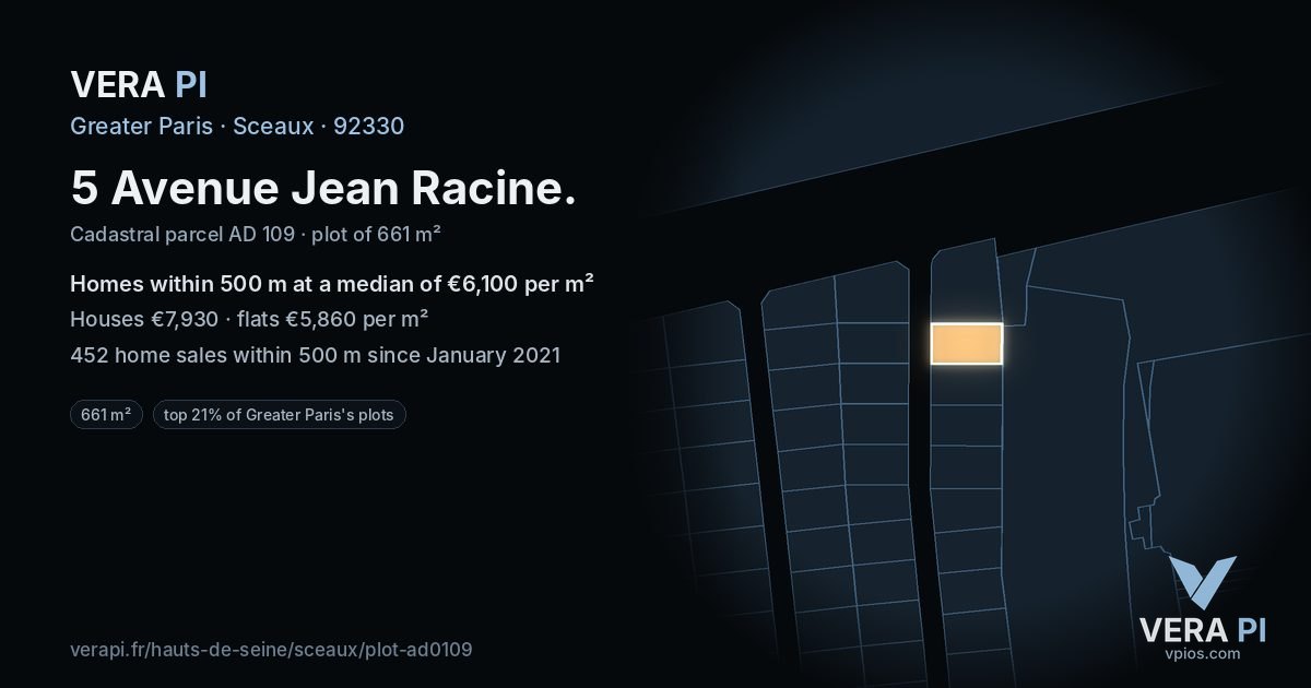 5 Avenue Jean Racine, Sceaux at night – the plot lit, the parcels around coloured by the prices near them