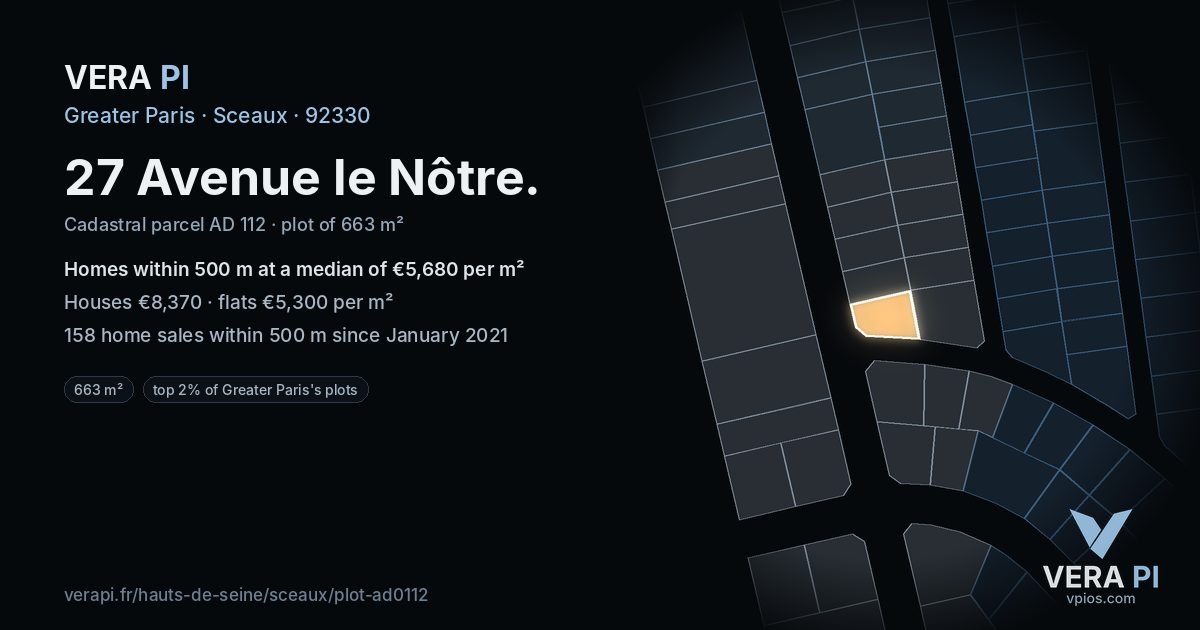 27 Avenue le Nôtre, Sceaux at night – the plot lit, the parcels around coloured by the prices near them