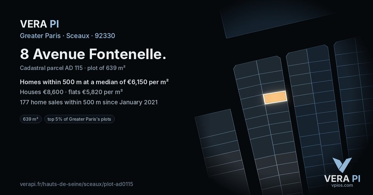 8 Avenue Fontenelle, Sceaux at night – the plot lit, the parcels around coloured by the prices near them