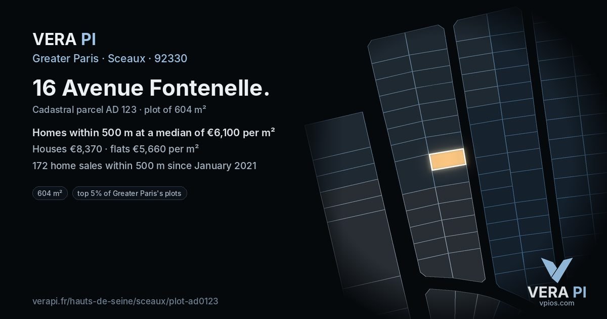 16 Avenue Fontenelle, Sceaux at night – the plot lit, the parcels around coloured by the prices near them