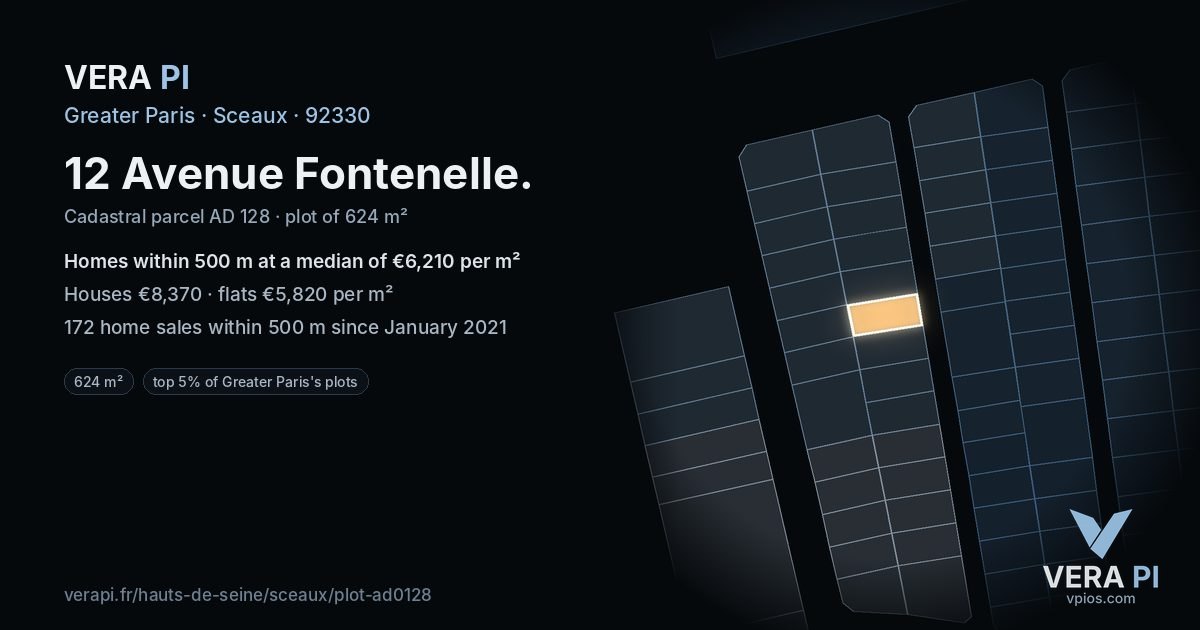 12 Avenue Fontenelle, Sceaux at night – the plot lit, the parcels around coloured by the prices near them