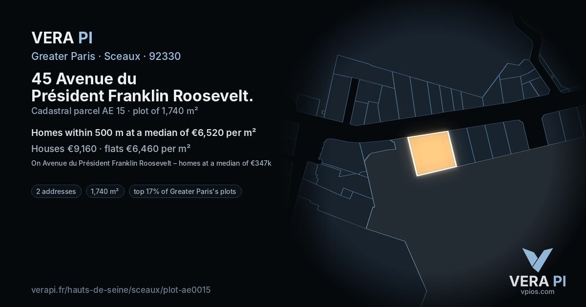 45 Avenue du Président Franklin Roosevelt, Sceaux at night – the plot lit, the parcels around coloured by the prices near them