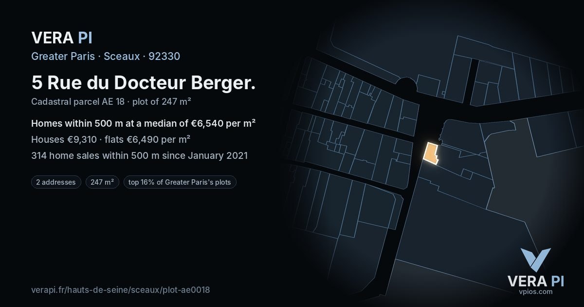 5 Rue du Docteur Berger, Sceaux at night – the plot lit, the parcels around coloured by the prices near them